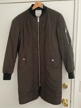 Mango Long Olive Green Quilted Bomber Coat Size XS